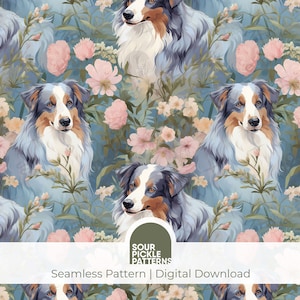 Può includere: Uno schema senza cuciture con cani pastore australiano blu merle con segni marroni, circondati da fiori rosa e bianchi su uno sfondo blu. Il testo "Sour Pickle Patterns" e "Seamless Pattern | Digital Download" è nella parte inferiore dell'immagine.