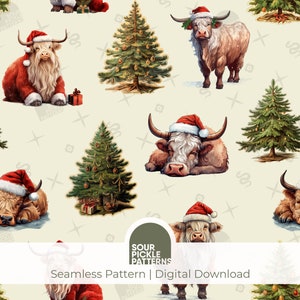 Highland Kuh Weihnachtsmuster - Niedliches nahtloses Muster für digitales Papier, Geschenkverpackung und Stoffdruck, JPG- und PNG-Format