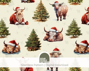 Highland Cow Christmas Pattern - Cute Seamless Pattern for Digital Paper, Gift Wrapping and Fabric Printing, JPG and PNG format