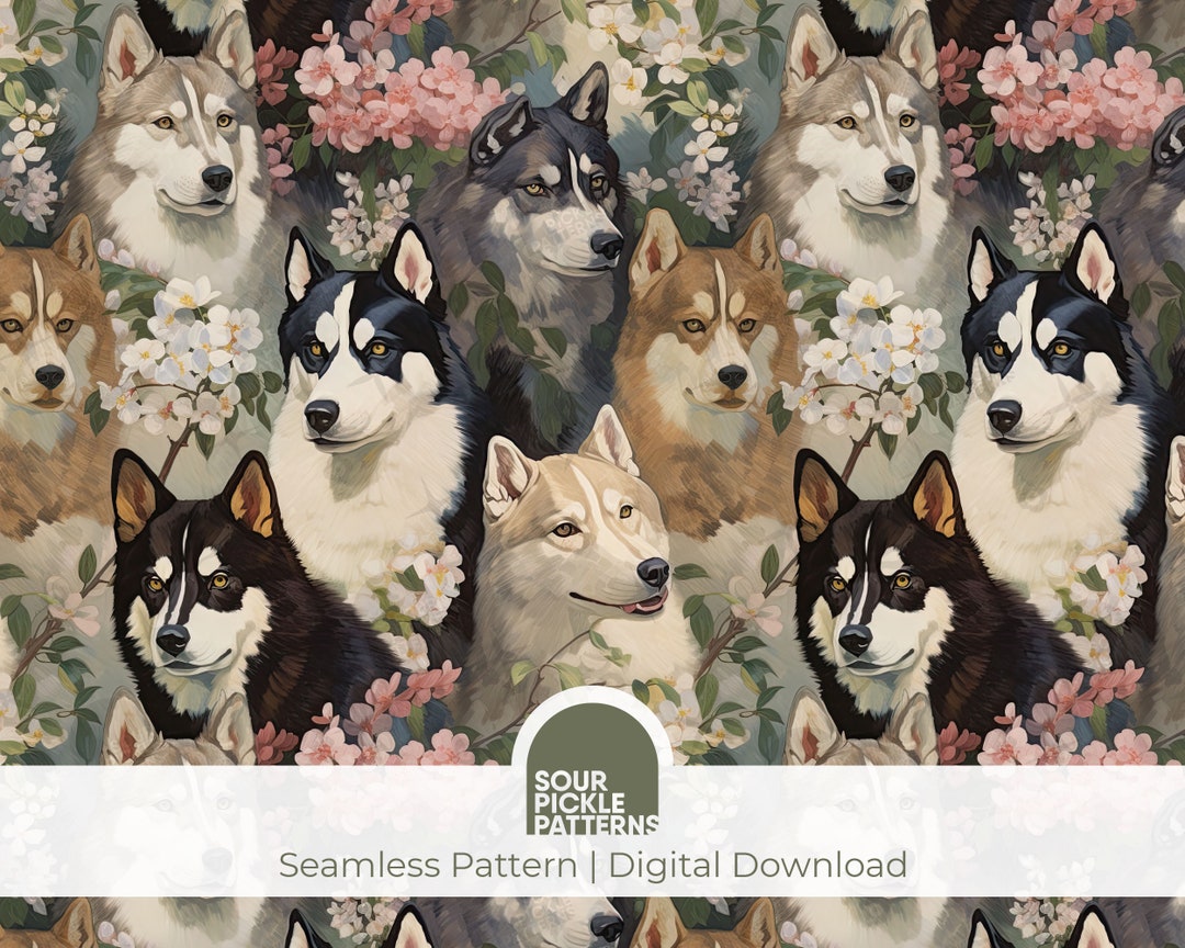 Husky Dog Seamless Pattern: Floral Puppy Illustration (JPG Digital ...