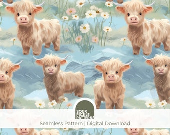 Highland Cow Digital Paper - Cute Seamless Cow Pattern - JPG Instant Download - For Crafting, Fabric and Scrapbooking