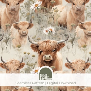 Highland Kuh Digitales Papier - Niedliches Kuh Muster - JPG Sofortdownload - Zum Basteln, für Stoffe und Scrapbooking