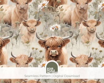 Highland Cow Digital Paper - Cute Seamless Cow Pattern - JPG Instant Download - For Crafting, Fabric and Scrapbooking
