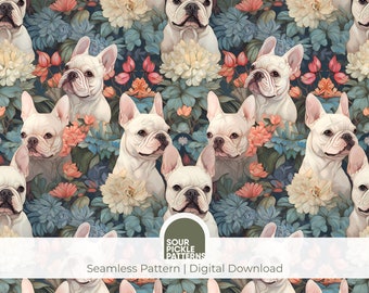 French bulldog seamless repeating pattern, cute white frenchie, puppy dog jpg, scrapbooking, creative crafting projects, digital download