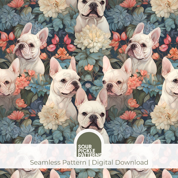 French bulldog seamless repeating pattern, cute white frenchie, puppy dog jpg, scrapbooking, creative crafting projects, digital download