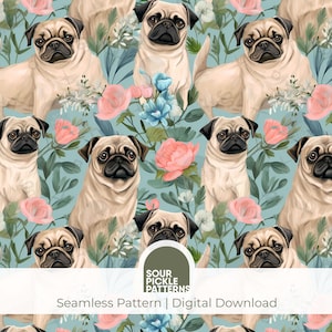 May include: A seamless pattern featuring pugs and flowers. The pugs are light brown and are surrounded by pink and blue flowers. The background is a light blue color.