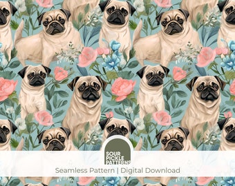 Pug digital pattern, puppy dog seamless illustration, scrapbooking, creative crafting projects, repeating jpg