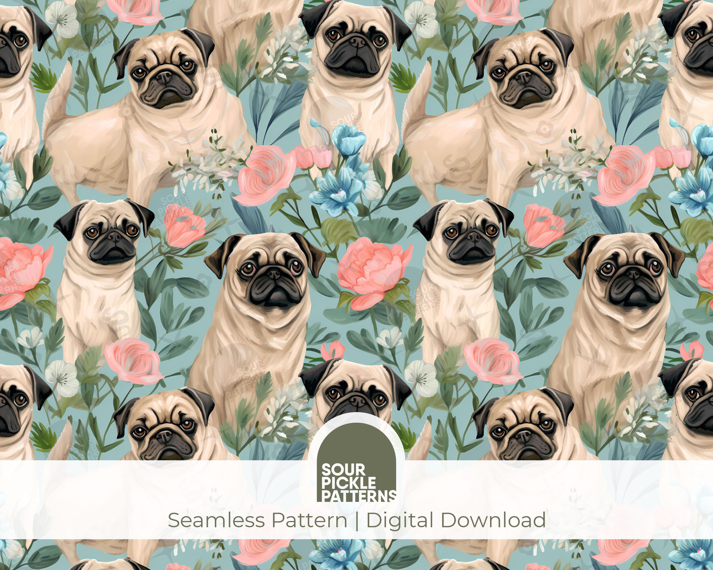 Pug Digital Pattern, Puppy Dog Seamless Illustration, Scrapbooking ...