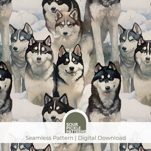 Patrón digital de husky, ilustración de perro sin costuras, lindo cachorro de raza grande, scrapbooking, proyectos de manualidades creativas, jpg