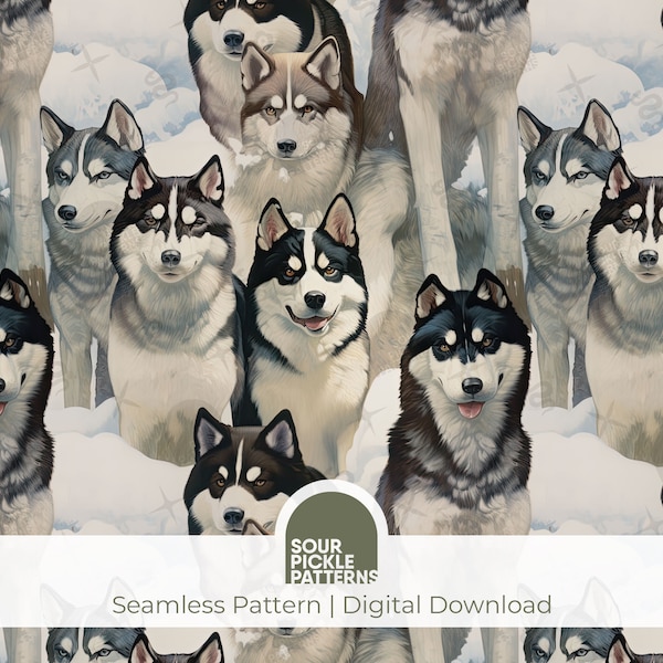 Husky digital pattern, seamless dog illustration, cute large breed puppy, scrapbooking, creative crafting projects, jpg