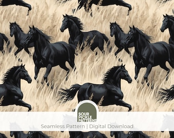 Black Horse Seamless Pattern: Vintage Style JPG (Digital Download)