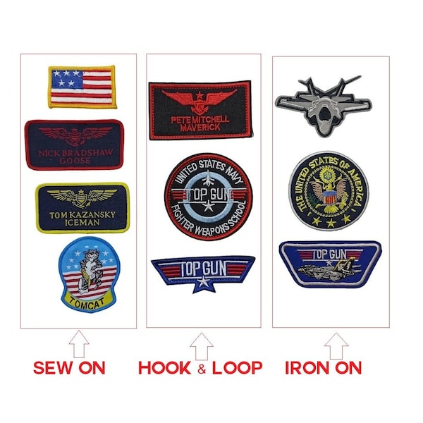 Top Gun Patch Jet Fighter Pilot Maverick Goose Iron  Sew On or Hook + Loop Embroidered Applique for Jacket Hat Tactical Clothing Overalls