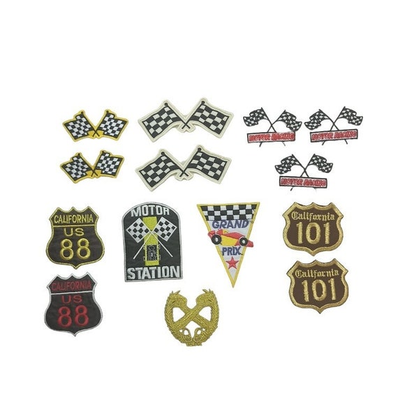 Checkered Flags Chequer Wrenches Grand Prix Motor Racing Route 88 Sign Auto Car Mechanic Patches Iron Sew On Embroidered Jacket T-Shirt Hats