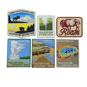 Yellowstone WY Patch Grand Teton National Park Old Faithful Geyser Mammoth Hot Springs Bison Buffalo Roam Eisen aufgenähte gestickte Applikation