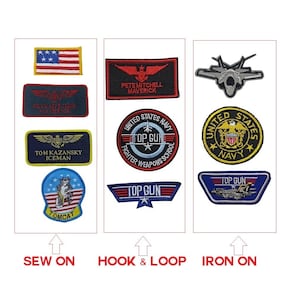TopGun Patches Top Gun Patch Jet Fighter Pilot Maverick Goose Iron  Sew On or Hook + Loop Embroidered Applique for Jacket Hat Tactical