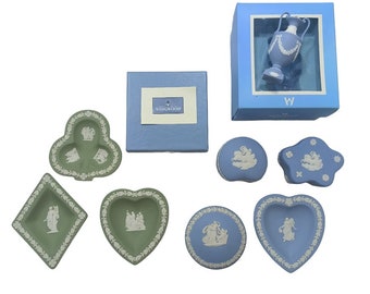 Vintage Wedgwood Wedgewood Jasperware Blue Sage Green Pottery Tray Dishes Urn Trinket Jewelry Boxes Made in England