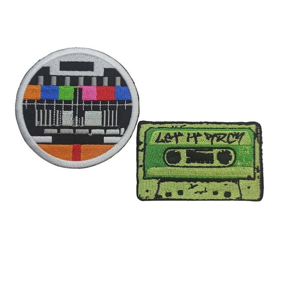 Retro TV Television No Antenna Signal Test Screen Music Cassette Mix Tape Old School Patch Iron Sew On Embroidered Applique Craft Supply