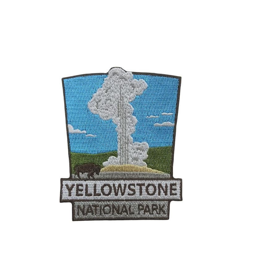Yellowstone WY Patch National Park Wyoming Old Faithful Geyser Mammoth Hot Springs Bison Buffalo Roam Iron Sew On Embroidered Applique