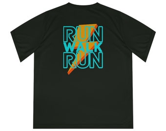 May include: Black short-sleeved t-shirt with a graphic of a yellow lightning bolt and the text "RUN WALK RUN" in blue.