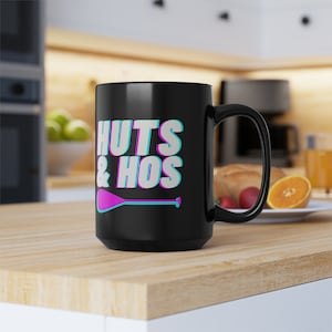 Huts and Hos Outrigger Canoe Black Mug with Glitch Effect, 15oz