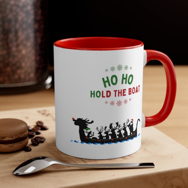 Dragon Boat Christmas Coffee Mug, 11oz Funny Ho Ho Ho Hold the Boat Santa Reindeer Paddling Elf Snowflakes Funny Gift for Dragon Boaters