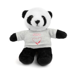 May include: A plush panda bear wearing a gray t-shirt with a red heart and the text "XOXO" printed on it.