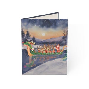 Cartões de Natal em aquarela simples com barco-dragão (1, 10, 30 e 50 peças) com Papai Noel, elfos e renas
