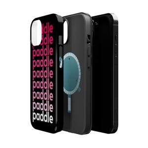 May include: A black phone case with a repeating pattern of the word "paddle" in pink and white. The case has a cutout for the phone's camera and a black bumper.
