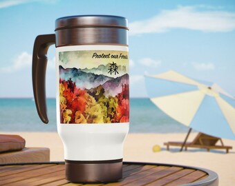Autumn Forest Travel Mug with Handle (white Stainless Steel 14oz) - Protect our Forests - Kamori Outdoors logo
