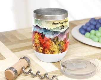 Autumn Forest, Wine Tumbler, with lid, hot or cold beverage, Protect Our Forests, Kamori Outdoors