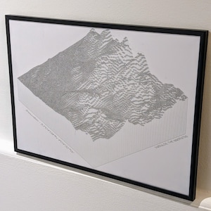 Könnte beinhalten: Ein schwarz-weiß gerahmter Druck eines 3D-geometrischen Designs. Das Design besteht aus Linien, die eine bergähnliche Form bilden. Der Text "MARKOV, THE INNOVATOR" und "SHADOW BETWEEN SOCIETY" ist unten auf dem Druck gedruckt.