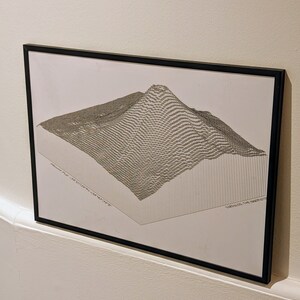 Könnte beinhalten: Ein schwarz-weiß gerahmter Druck einer 3D-geometrischen Berglandschaft. Der Druck trägt den Titel "Mountain, The Transformed" und ist signiert mit "Gordon, 1989".
