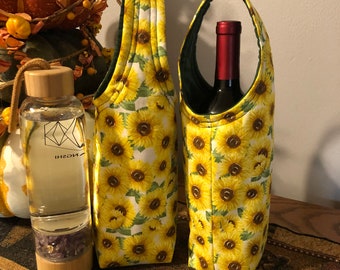 Wine tote bag, Bottle tote bag, Wine holder, Bottle carrier, Wine carrier, Olive oil, Wine enthusiast, Hostess gift, Party gift, Sunflowers