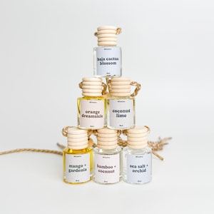 May include: A pyramid of small glass bottles with wooden caps and labels. The labels read "baja cactus blossom", "orange dreamsicle", "coconut lime", "mango + gardenia", "bamboo + coconut", and "sea salt + orchid". Each bottle contains 8ml of liquid.