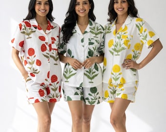 Hand Block Print Cotton Pajama Set - Women's Short Sleeve Sleepwear
