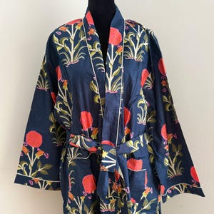 Floral Kimono Robe for Women – Handmade Cotton Lounge Robe, Boho Botanical Print Dressing Gown, Lightweight Spa Bathrobe, Bridesmaid Robe