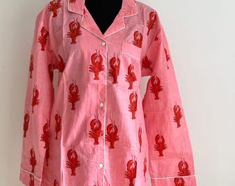 Pink Lobster Print Pajama Set for Women | Hand Block Print Lobster Cotton Pajamas Set | Breathable Summer Nightwear | Gift for Her | Beach