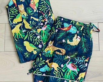 Katoenen pyjamaset met jungleprint voor dames, nachtkleding met Indiase print, pyjamaset met korte mouwen, handblokprint, lounge- en nachtkleding
