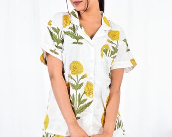 Hand Block Print Cotton Pajama Set – Women's Short Sleeve Sleepwear