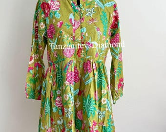 Hand Block Printed Cotton Dress: Green Floral Boho Tunic