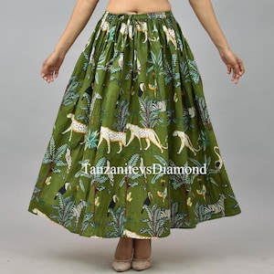 Jungle Print Cotton Maxi Skirt: Green Safari Animal Boho Skirt