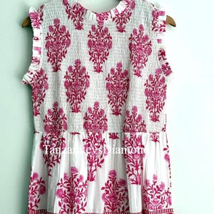 Hand Block Printed Cotton Maxi Dress – Sleeveless Summer Boho Dress with Pink Floral Print, Ruffle Detail, Ethnic Indian Dress, Gift For her