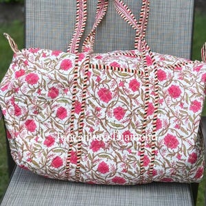 Bolsa esportiva acolchoada de algodão com estampa de blocos: grande para viagem de fim de semana
