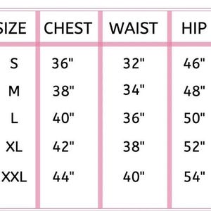 May include: A size chart with pink vertical and horizontal lines, displaying measurements for chest, waist, and hip in inches. Sizes range from S to XXL, with corresponding measurements.