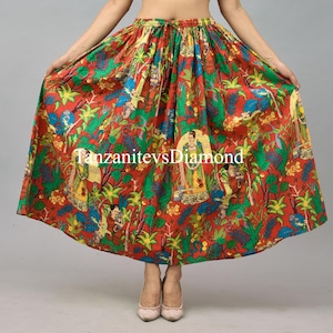Boho Goddess Print Maxi Skirt – Vibrant Red Ethnic Cotton Skirt – Festival Jungle Art Skirt – Handmade Indian Folk Print Skirt for Women