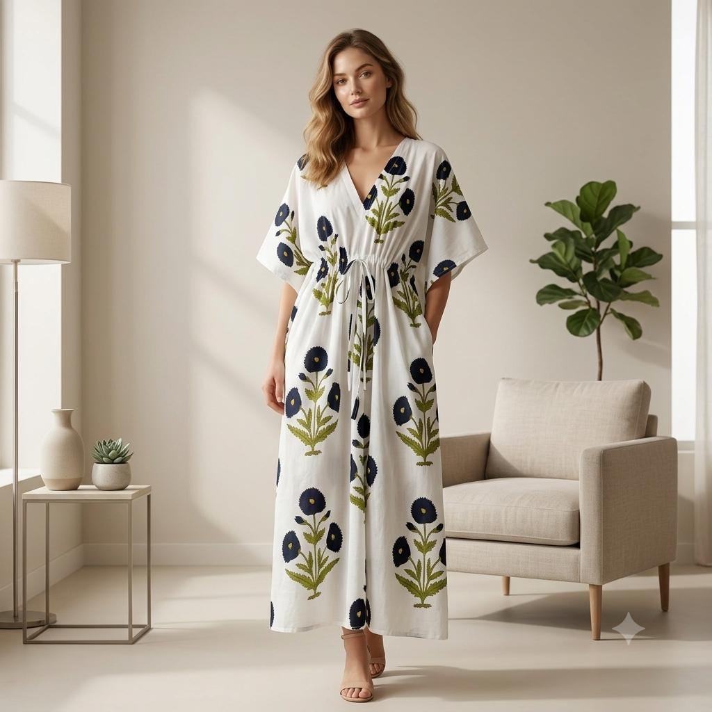 Handmade Cotton Kaftan: Indian Print Kimono Beach Cover-Up - Plus Size 5XL