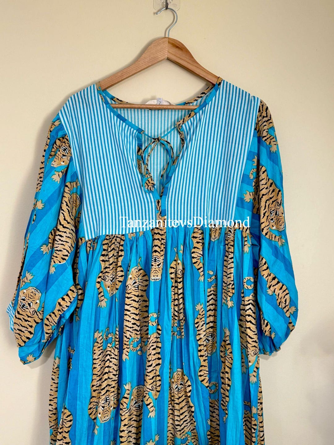 Blue Tiger Print Dress: Boho Chic Mini/Midi Cotton Blend