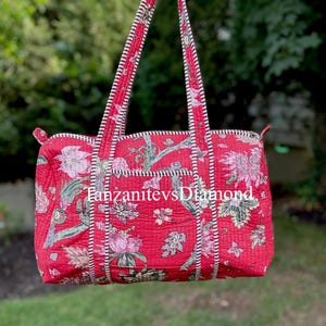 Indian Cotton Floral Print Quilted Duffle Bags Large Size Beautiful Block Print Weekender Bags Handmade Shoulder Travel Overnight Bags