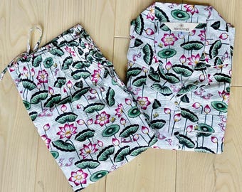 Hand Block Print Cotton Pajama Set: Floral Lounge wear with Pockets, Bridesmaid Gift, Summer Thanksgiving Gifts, Holiday PJ's Set For Women
