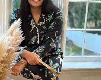 Katoenen pyjama met jungleprint, lastminute kerstcadeau voor haar, lange pyjama met handblokprint, vakantiepyjama, cadeau voor haar, loungeset